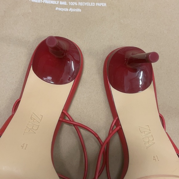 ZARA RED 100% LEATHER HEELED STRAPPY SANDALS - Picture 10 of 11